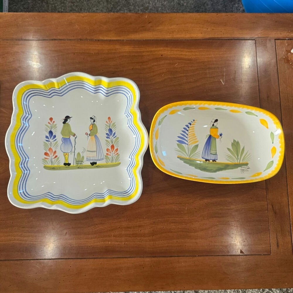 2 Vintage Henriot Quimper Signed French  platers Breton Women Pottery